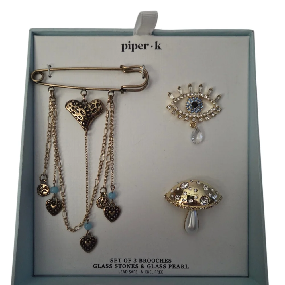 Piper Gold - NEW Blue Brooch Trio Evil Eye Mushroom Heart Brooch Glass Stones